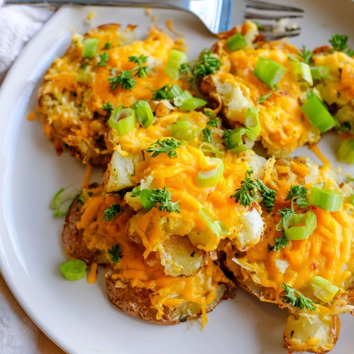 Crispy smashed green onion potato bombs topped with melted cheddar and herbs.  