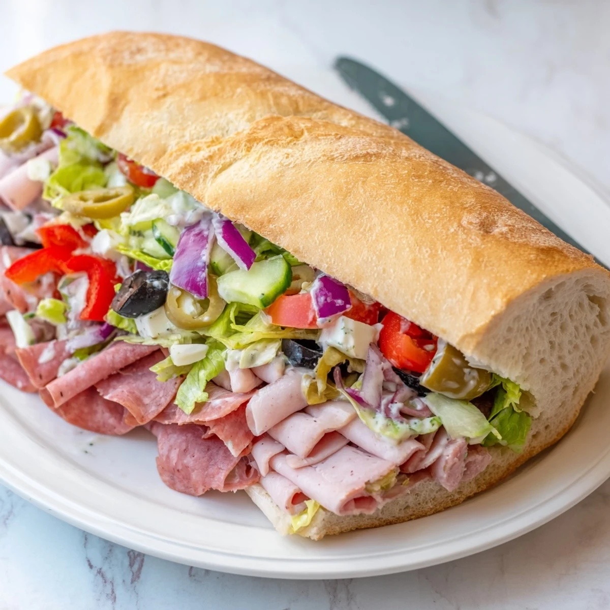 Colorful Flavor Mash-Up Sandwiches stacked high with Italian meats and fresh veggies.  