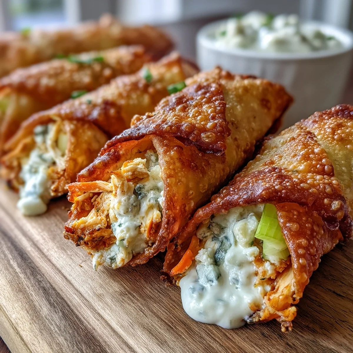 Freshly fried Buffalo Chicken Egg Rolls with a crispy, golden-brown wrapper served beside a bowl of ranch dressing.