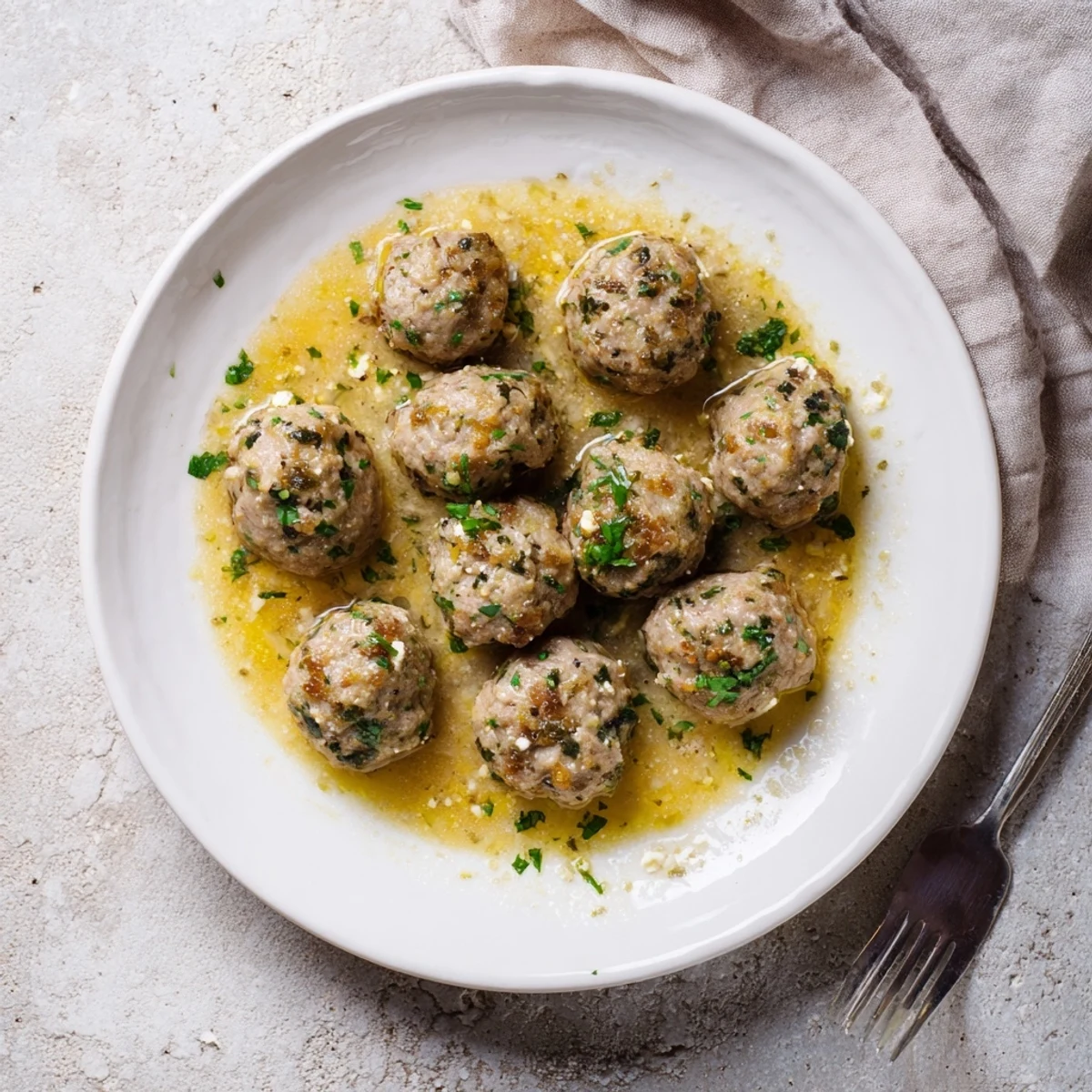 A close-up shot of delicious Instant Pot Greek Meatballs, tender and juicy, topped with a tangy lemon-feta cheese.