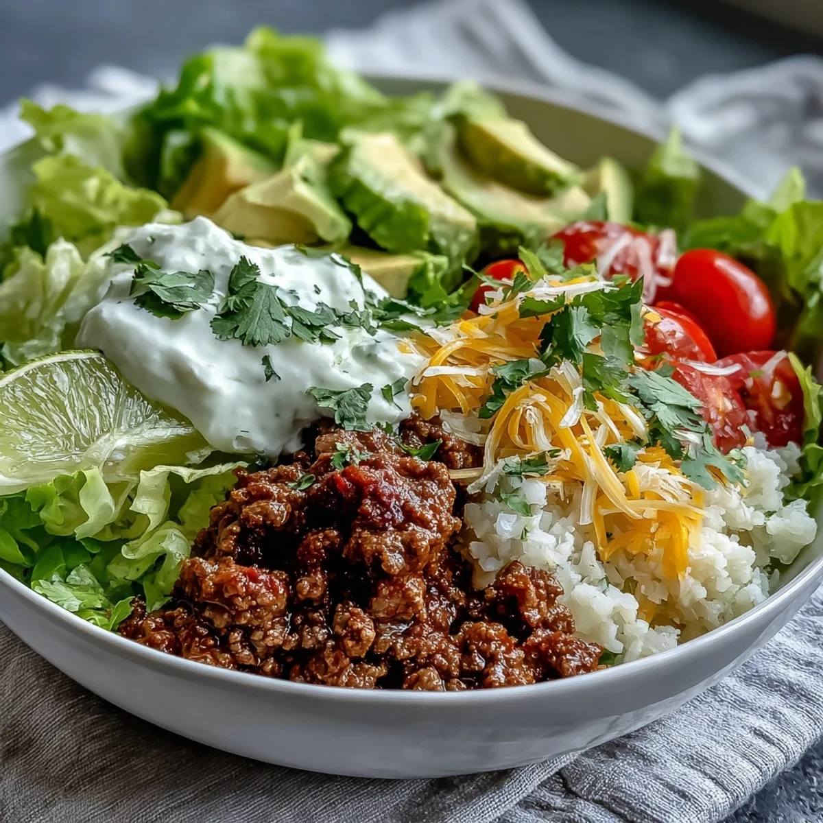 Seasoned ground beef and cauliflower rice create a vibrant Low Carb Burrito Bowl topped with crisp lettuce, creamy avocado, and cheddar.