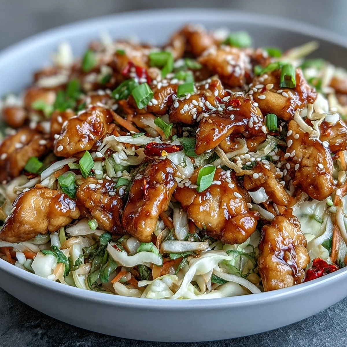 Steaming Egg Roll Bowls with Chicken and Cabbage are topped with green onions and sesame seeds, ready to serve. 