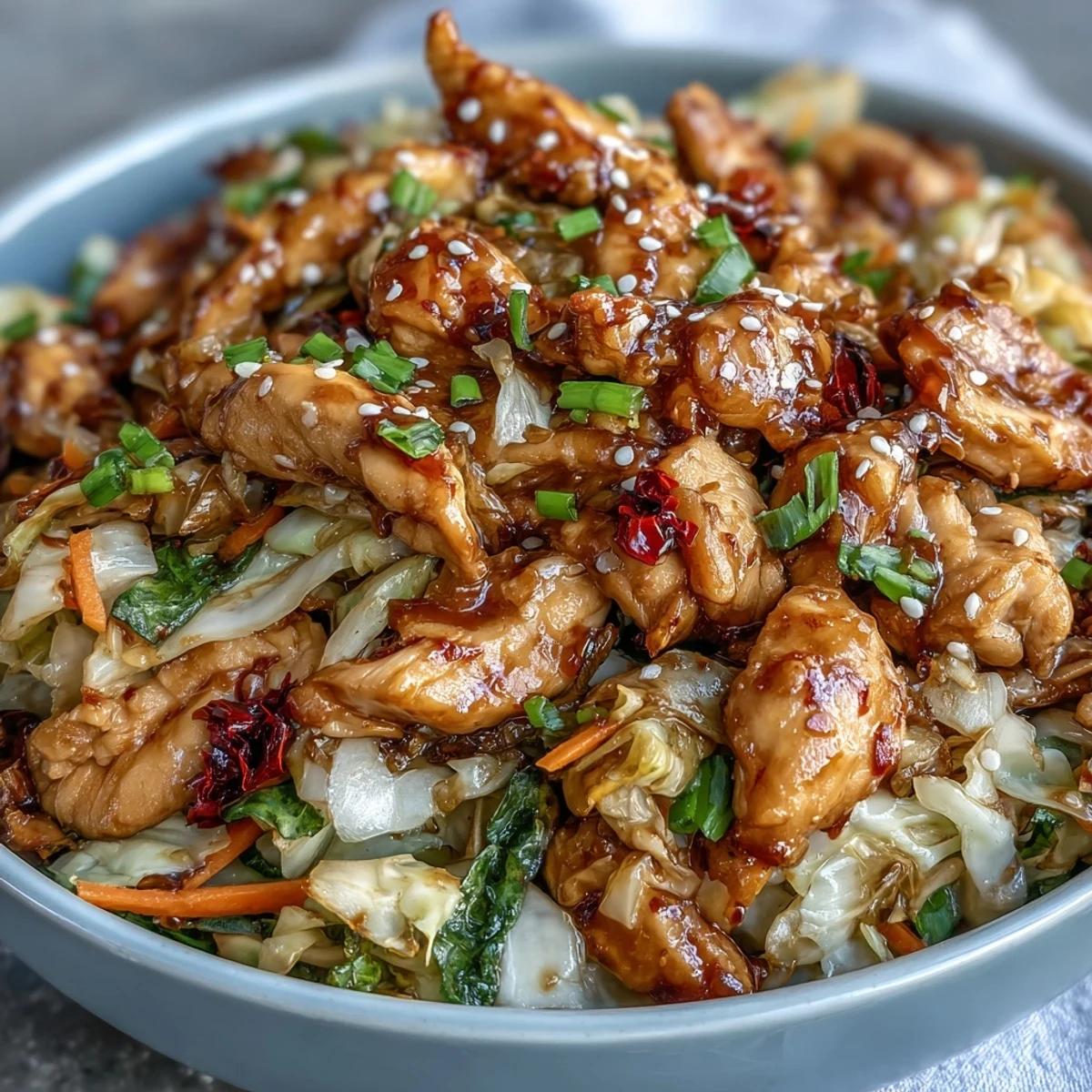 A fork lifts tender chicken and crunchy veggies from a savory soy-sesame glaze in a white bowl.