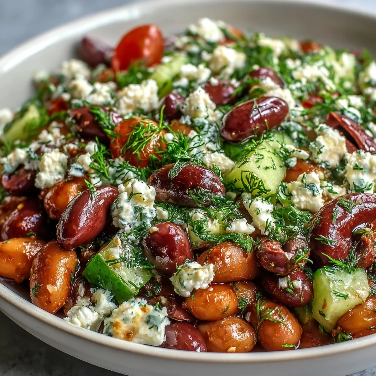 Vibrant Greek Bean Salad with Lemon Marinated Beans served in a white bowl, garnished with parsley and feta.