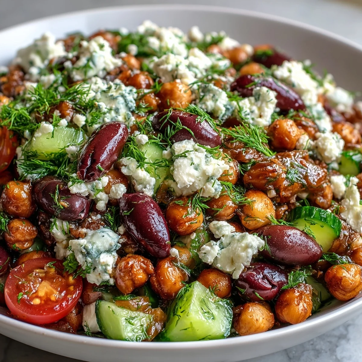 Colorful bowl of Greek Bean Salad with Lemon Marinated Beans, perfect for a fresh lunch or backyard picnic.