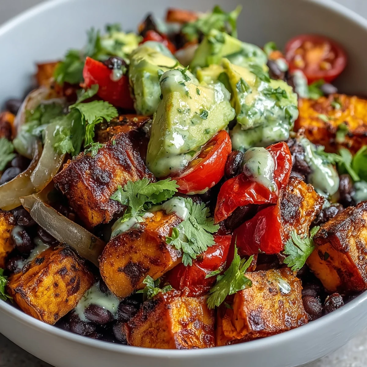 Sweet Potato and Black Bean Bowl with vibrant roasted vegetables, fresh avocado, and a zesty lime dressing drizzle.