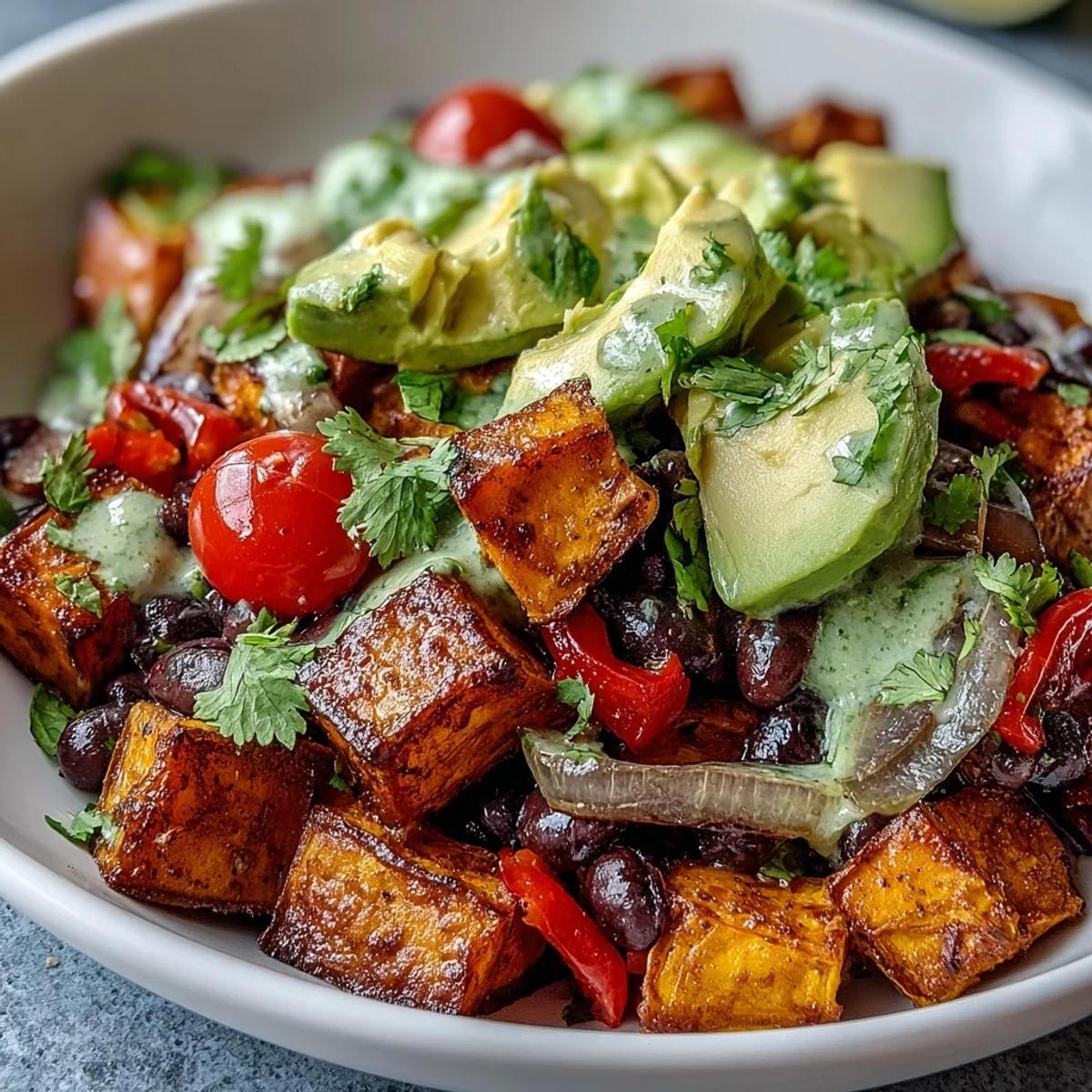 Hearty vegetarian Sweet Potato and Black Bean Bowl with creamy avocado, salsa, cilantro, and lime wedges on the side.