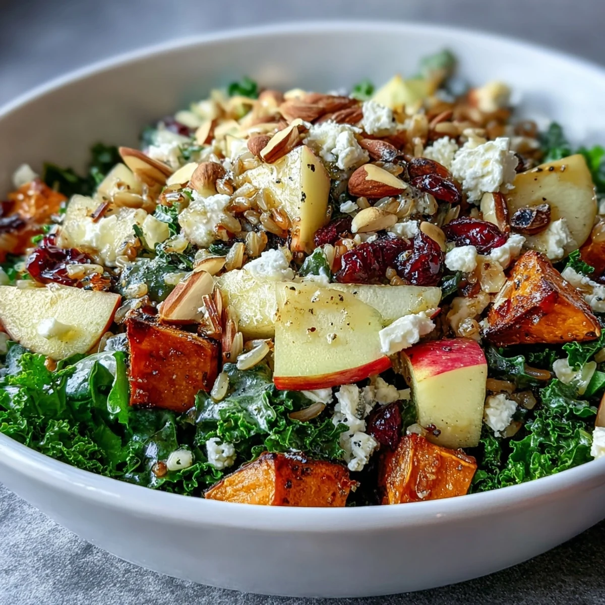 Serve this hearty Harvest Bowl for a nutritious meal, finished with crunchy almonds, diced apples, and a drizzle of balsamic dressing.