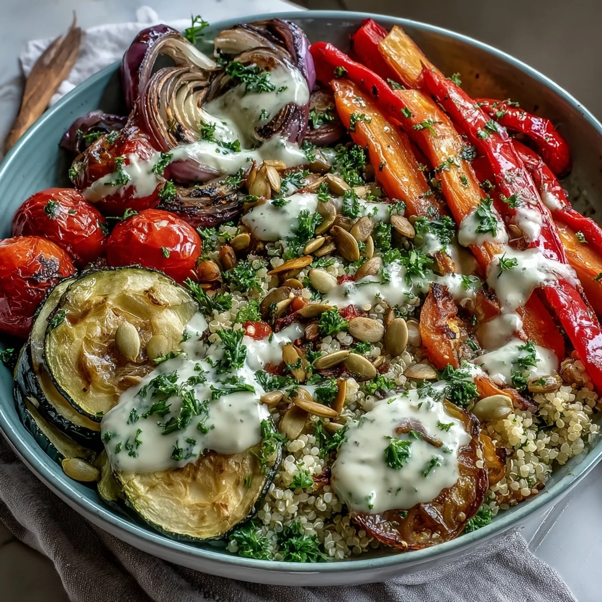 Vibrant roasted vegetables and fluffy quinoa in a bowl, topped with creamy tahini sauce and fresh parsley.