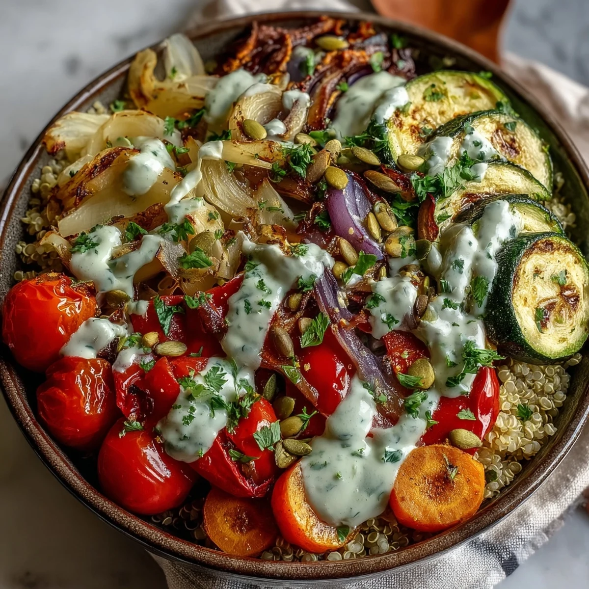 Sheet pan roasted vegetable quinoa bowl with caramelized zucchini and cherry tomatoes, ready for a wholesome lunch.