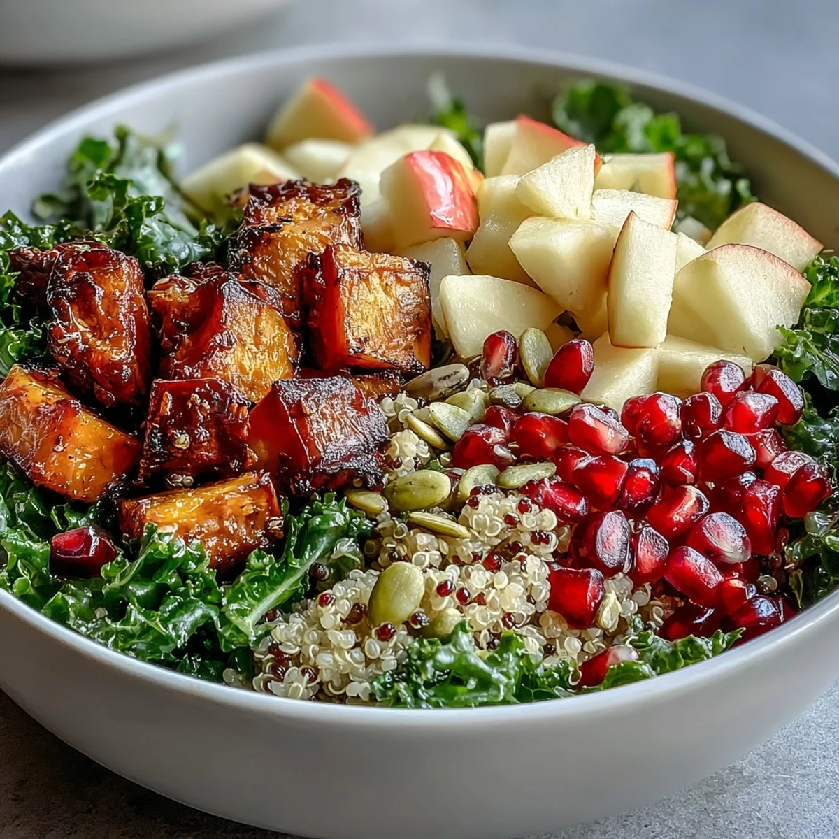 Hearty Kale Harvest Grain Bowl featuring fluffy quinoa, massaged greens, and maple Dijon dressing