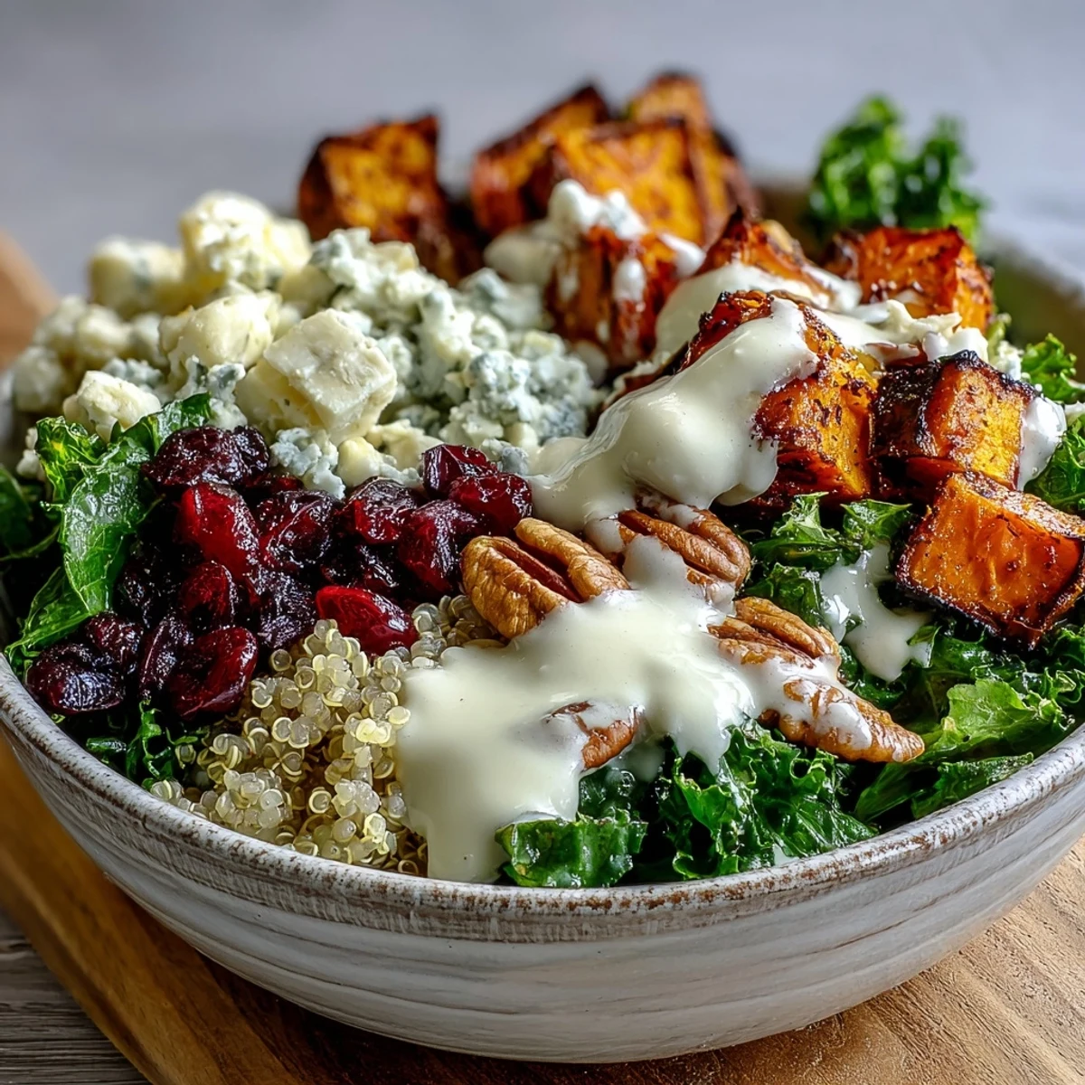 Golden roasted sweet potatoes and fluffy quinoa top this nutritious Harvest Kale Quinoa Bowl, drizzled with zesty dressing.