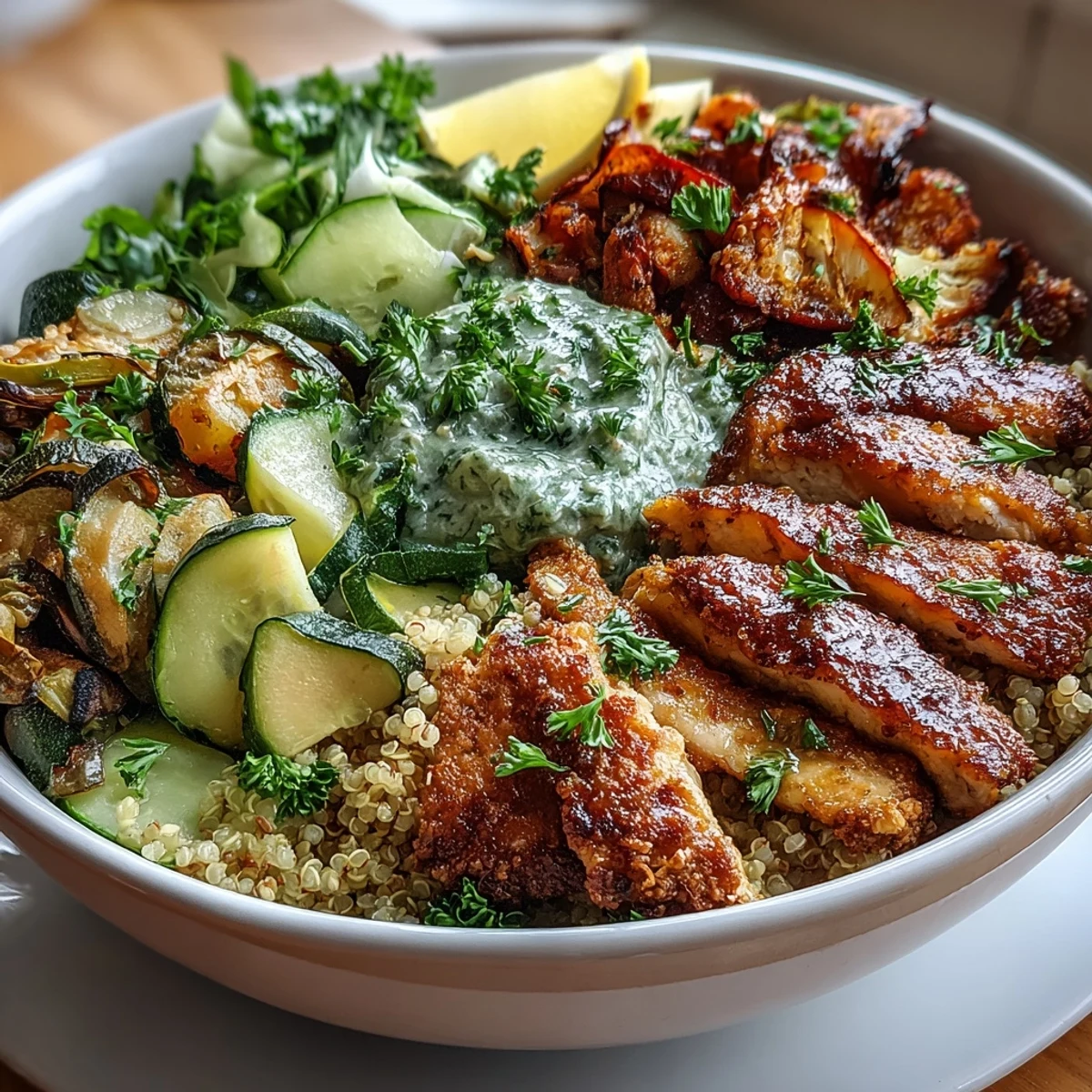 Golden pan-fried chicken and paprika-roasted vegetables top a fluffy quinoa base in this vibrant bowl.