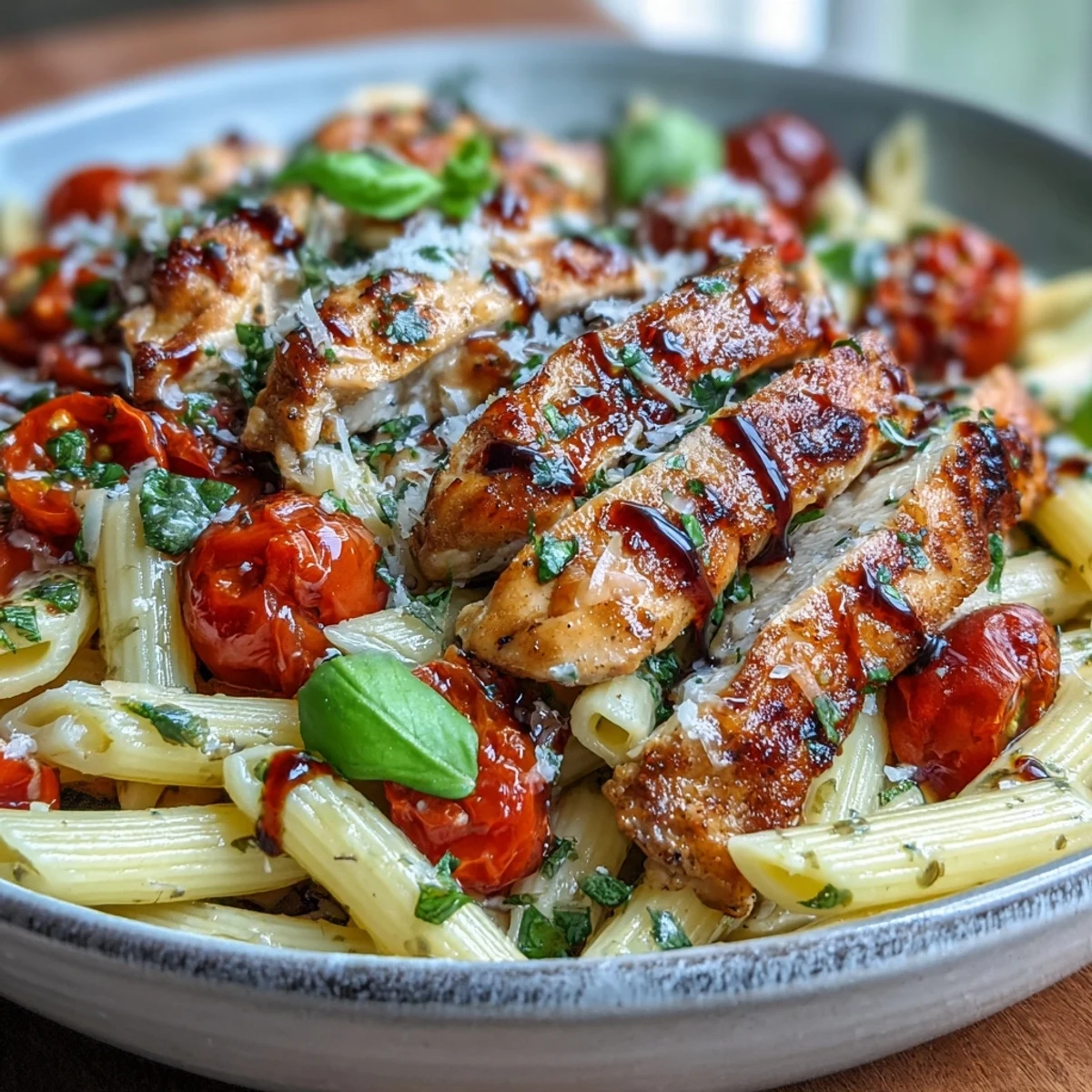 Plated Bruschetta Chicken Pasta features golden-seared chicken, penne, and juicy cherry tomatoes garnished with fresh basil and melted mozzarella.
