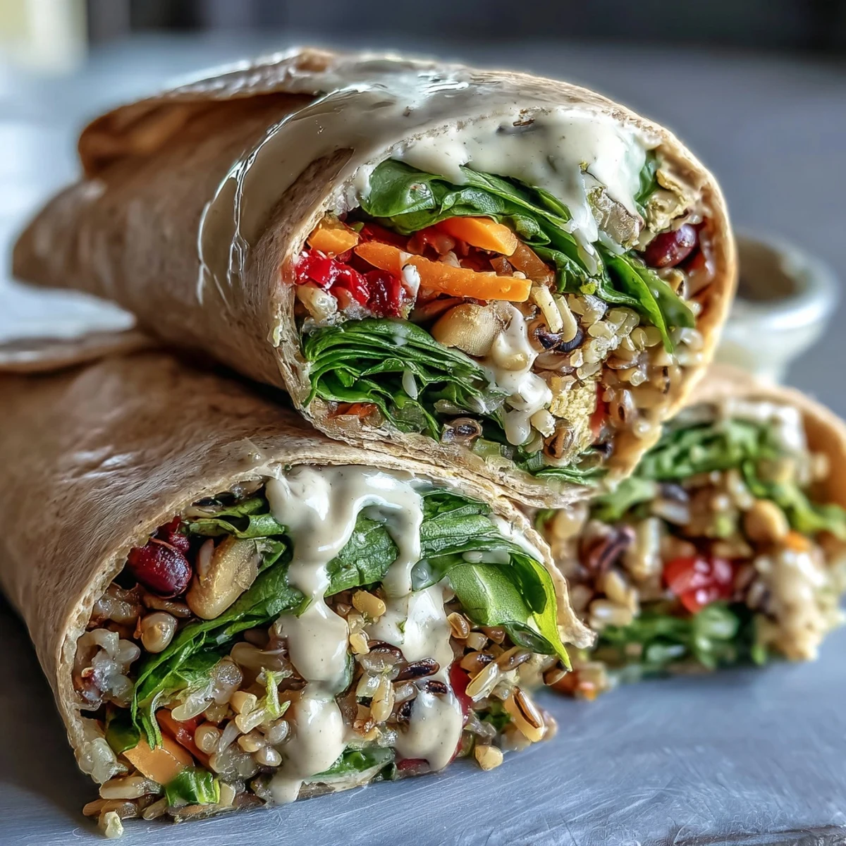 Black-Eyed Pea Wraps stuffed with spinach, carrots, and creamy tahini sauce, presented on a rustic wooden board.