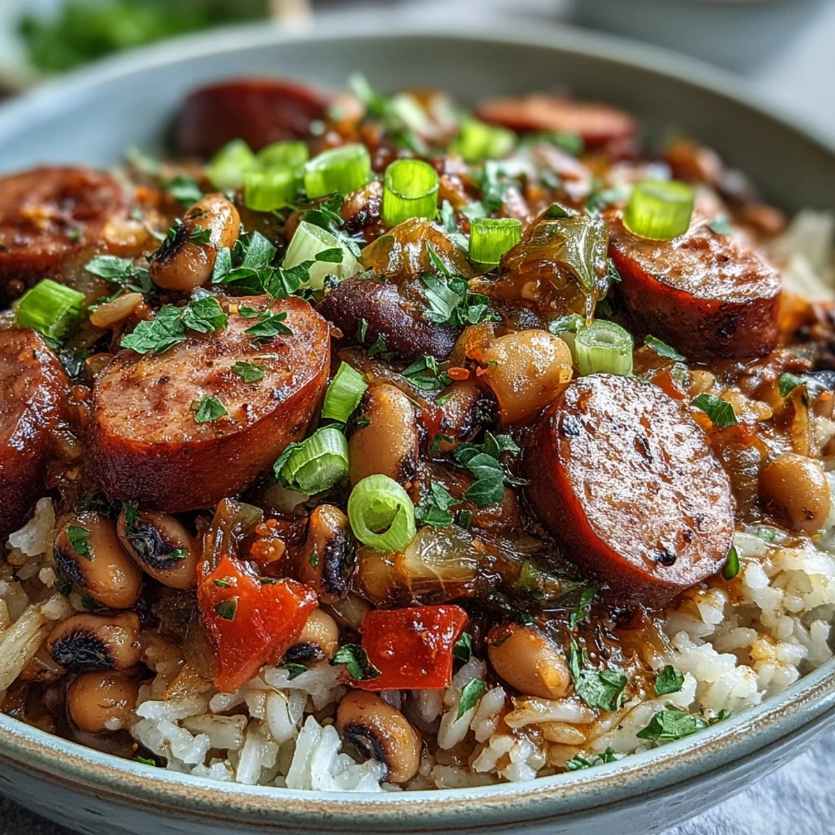 Fork-tender Black-Eyed Pea Jambalaya brims with smoked sausage and diced red bell peppers served steaming hot.