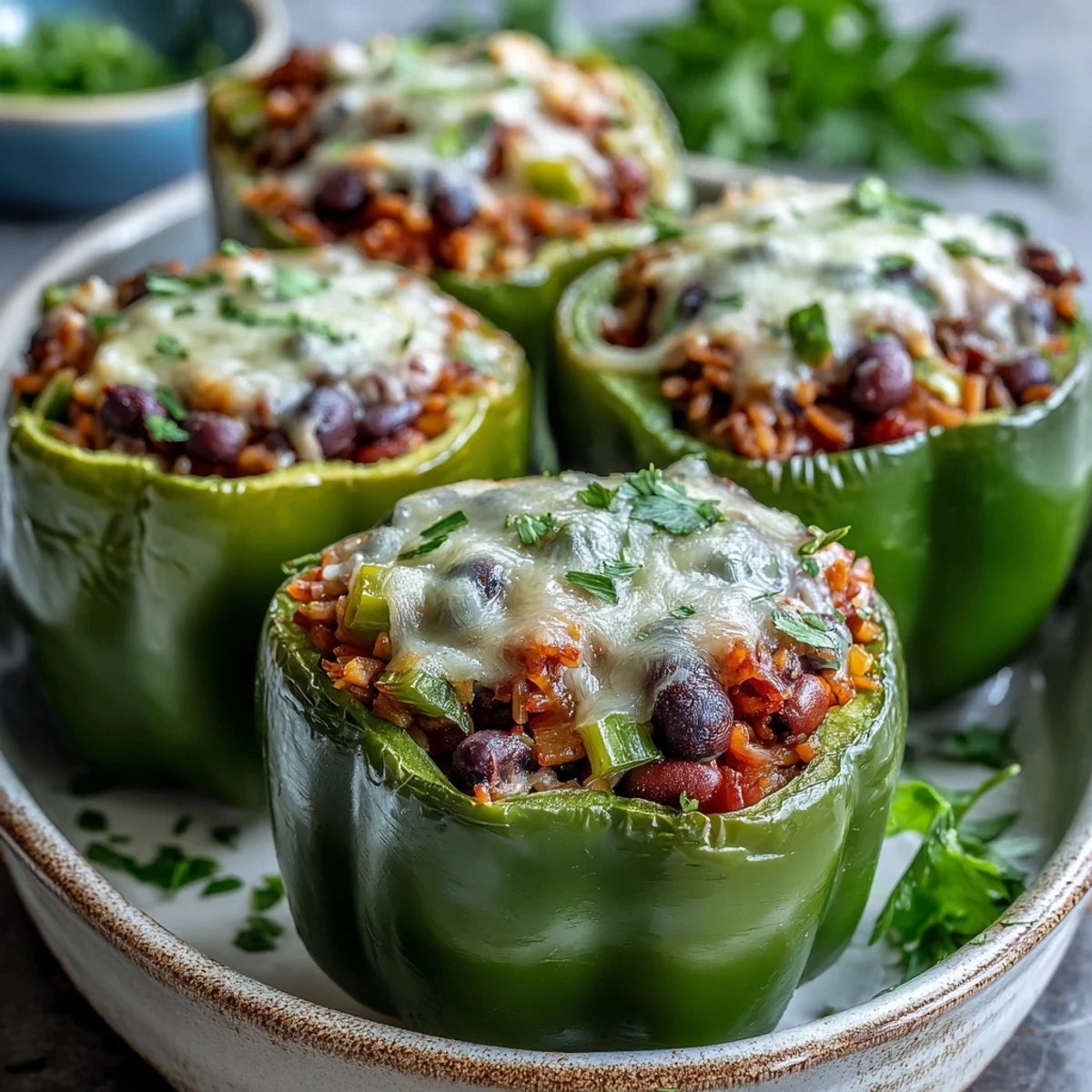 Golden-brown baked Black-Eyed Pea Stuffed Peppers fresh from the oven, topped with bubbling cheese and fresh parsley.