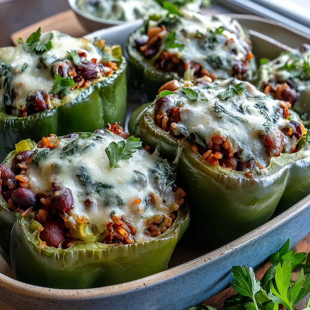 Four colorful bell peppers filled with black-eyed peas and rice sit in a ceramic baking dish.