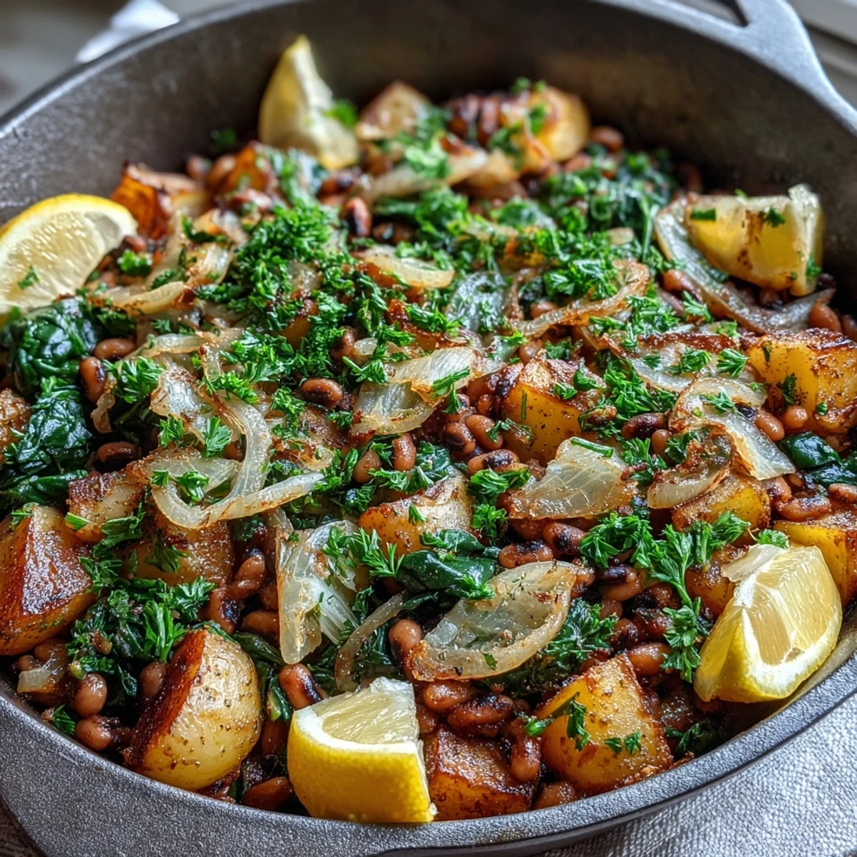 Golden-skillet Black-Eyed Pea Skillet Dinner with wilted spinach, diced potatoes, and a lemon wedge garnish.