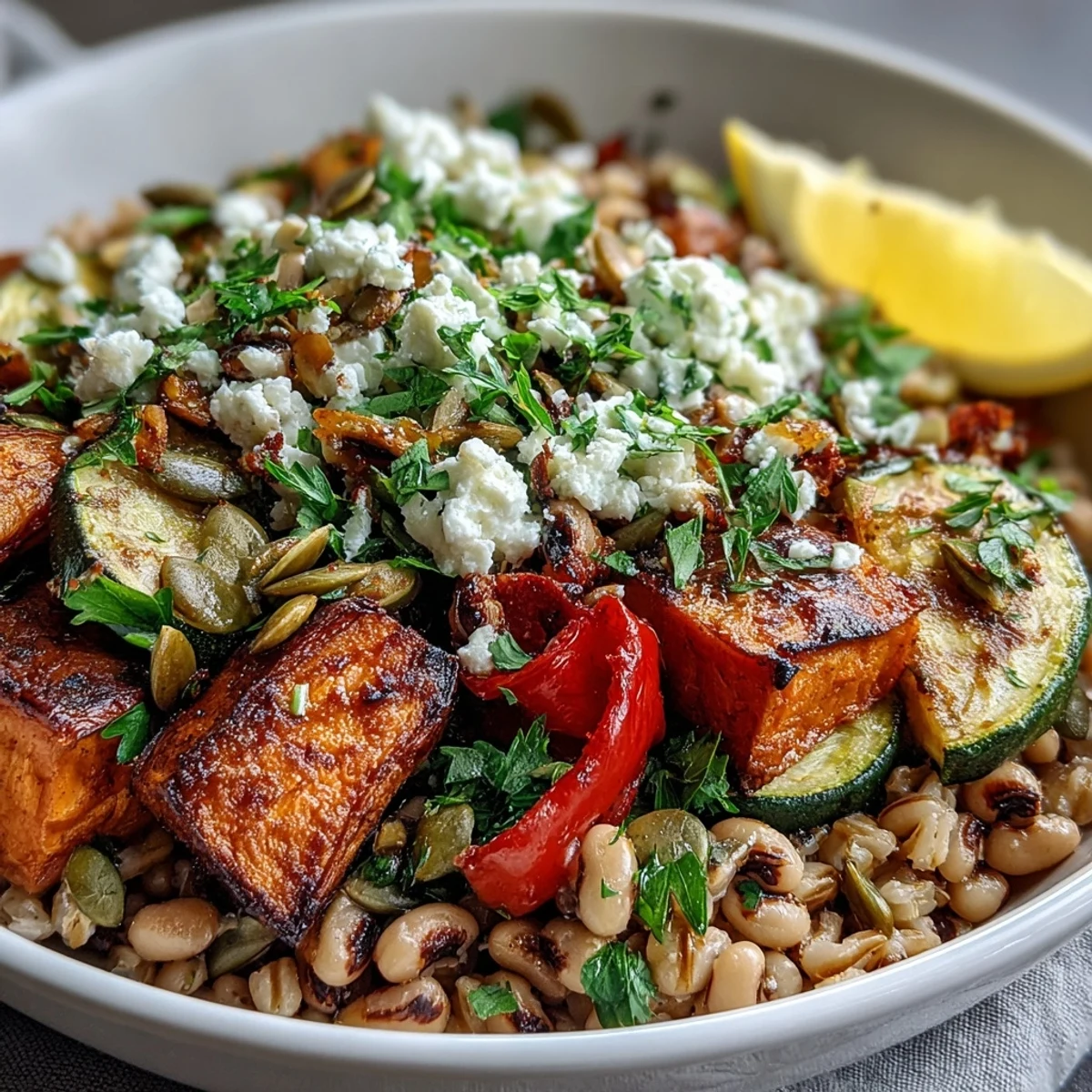 Golden roasted sweet potato and bell pepper top a warm Black-Eyed Pea Grain Bowl with fresh herbs and seeds.
