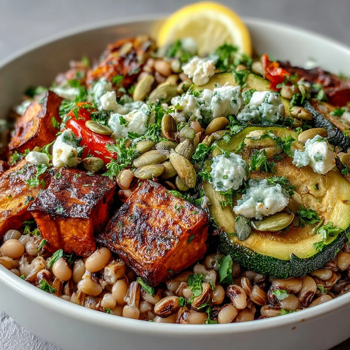 Colorful vegan Black-Eyed Pea Grain Bowl garnished with parsley, pumpkin seeds, and optional feta for a nourishing dinner.
