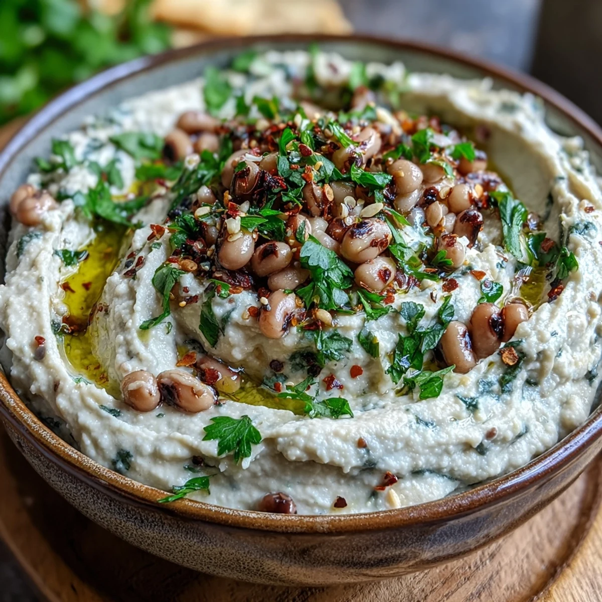 Creamy mashed Smashed Black-Eyed Peas with fresh parsley and a drizzle of olive oil, served with pita chips for dipping.