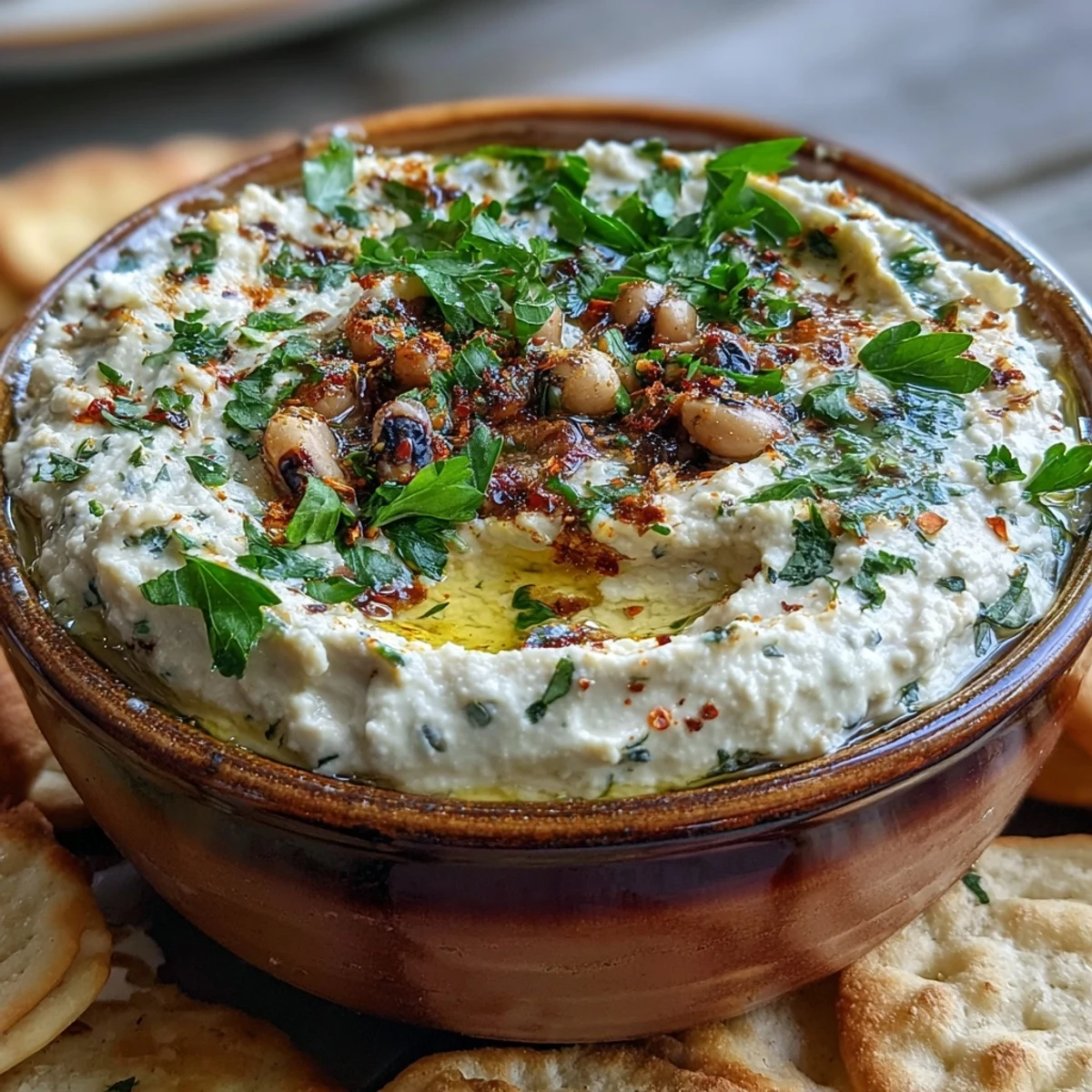 Golden olive oil and lemon zest garnish this homemade Smashed Black-Eyed Peas dip, paired with colorful fresh vegetables.