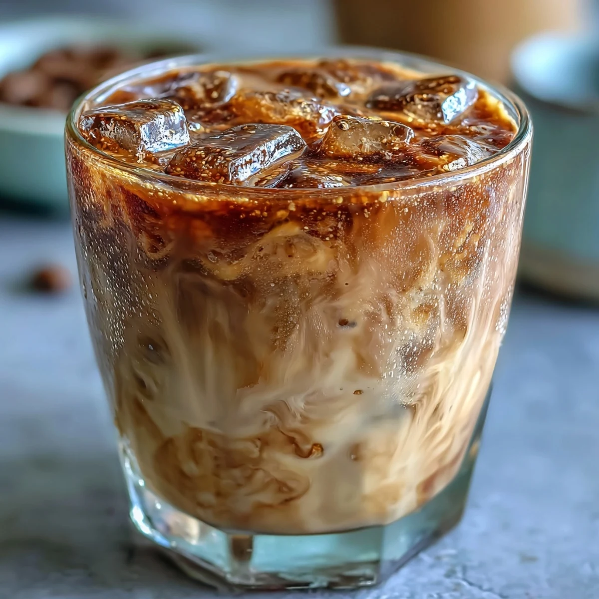 A tall glass of Iced Hojicha Latte, layered with roasted tea and creamy milk over clear ice cubes.