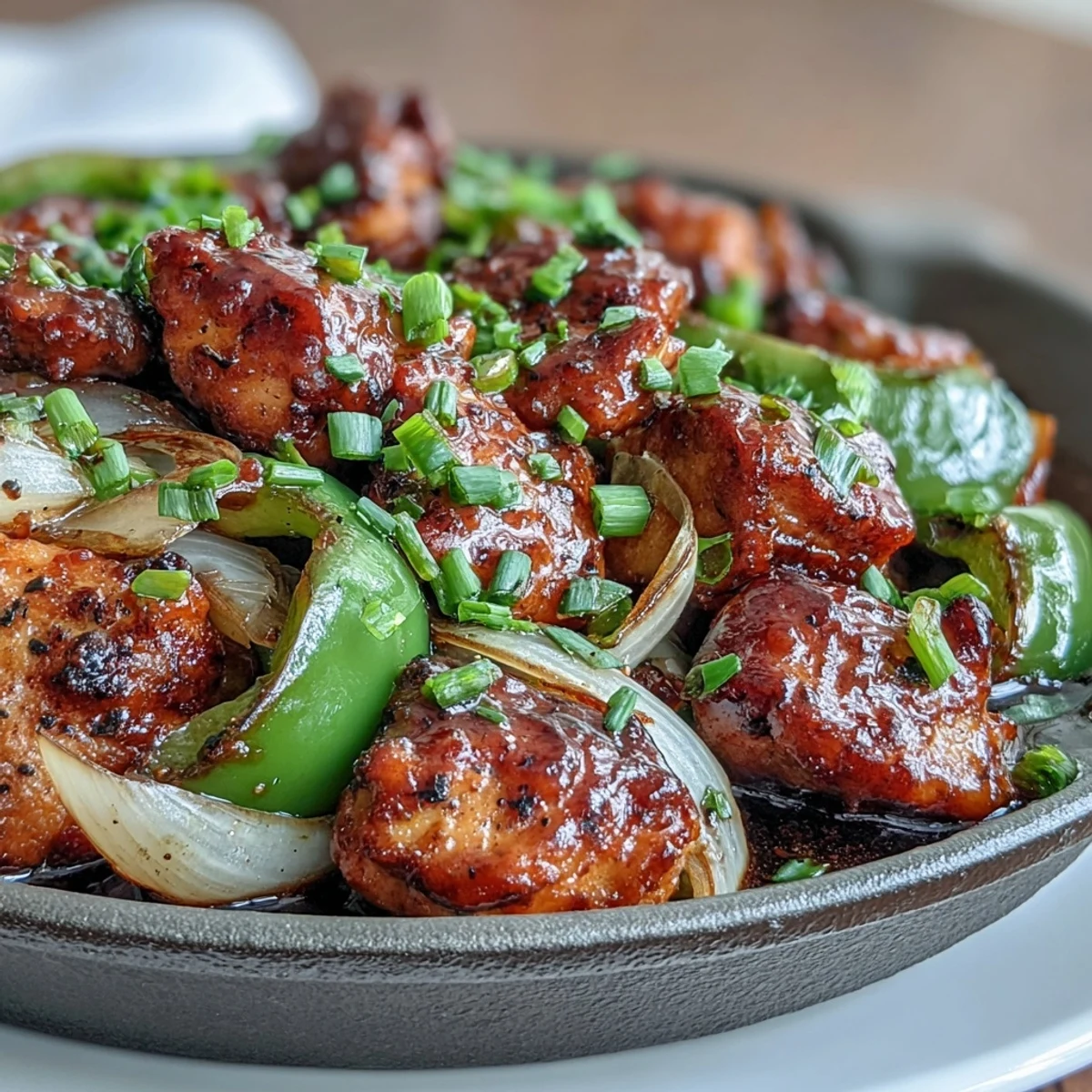 Close-up of Black Pepper Chicken featuring tender, glistening chicken thighs and crisp green bell peppers coated in a bold, peppery sauce.  