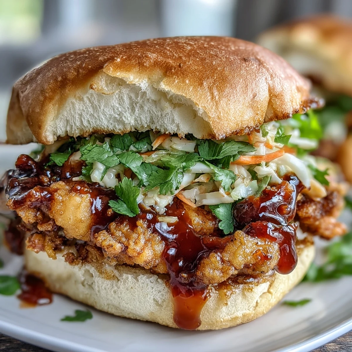 Crispy Thai Fried Chicken Sandwich with spicy mayo on a toasted brioche bun, garnished with fresh cilantro. 