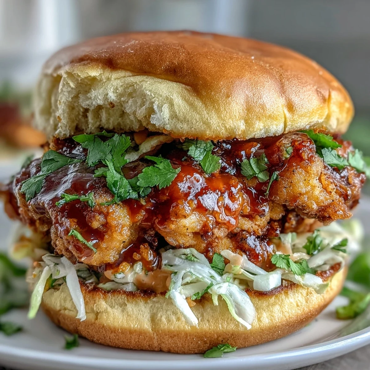 Golden brown Thai Fried Chicken Sandwich served hot on a soft bun with vibrant pickled vegetables inside.