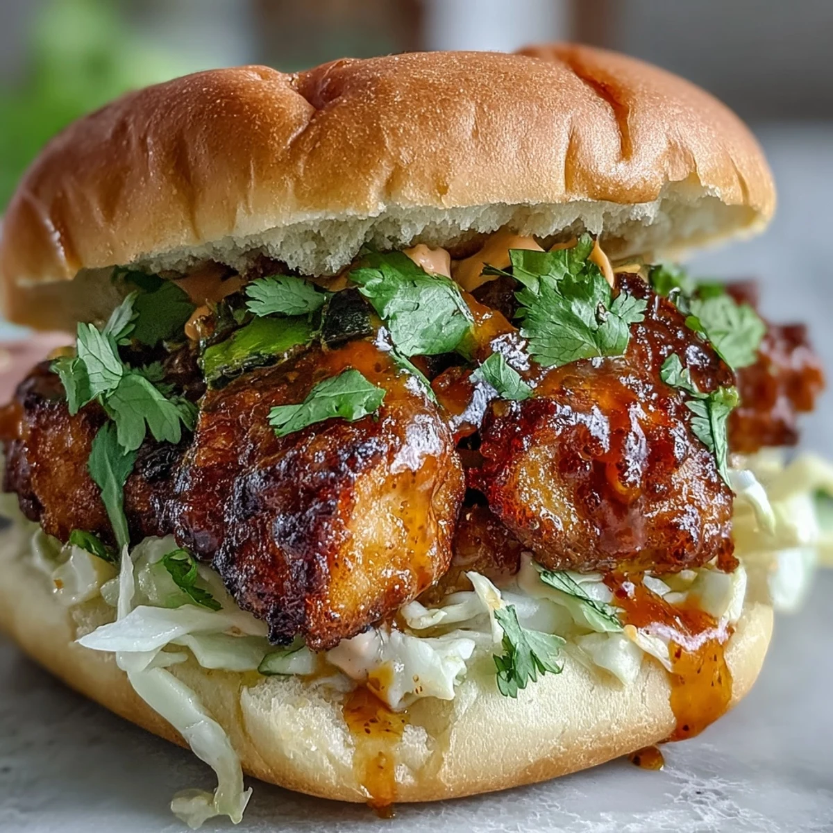 Thai Fried Chicken Sandwich layered with shredded cabbage, pickled carrots, and a drizzle of zesty sriracha mayo. 