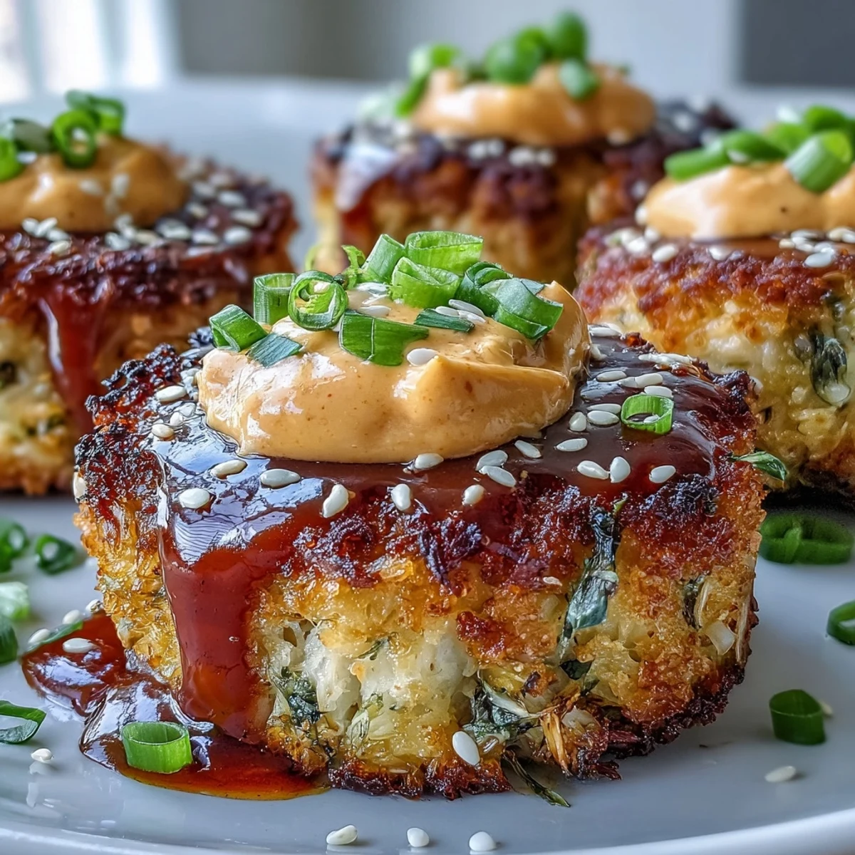 Crispy Asian-Style Tuna Cakes arranged on a plate with creamy spicy mayo drizzle.