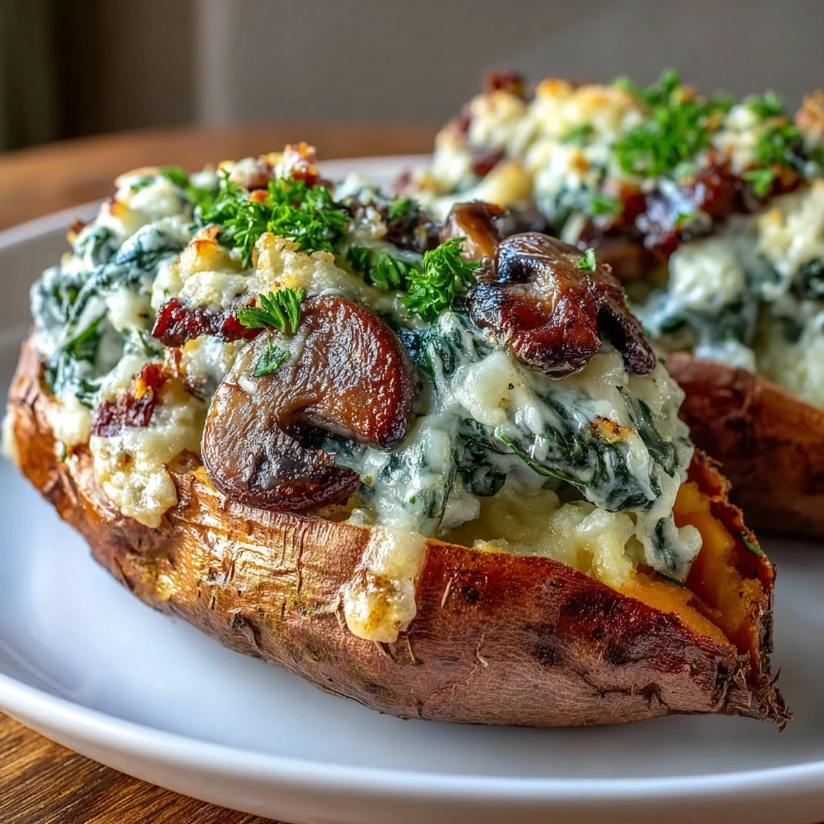 Golden roasted Creamy Mushroom and Spinach Stuffed Sweet Potatoes with bubbling cheese, served on a rustic wooden board.