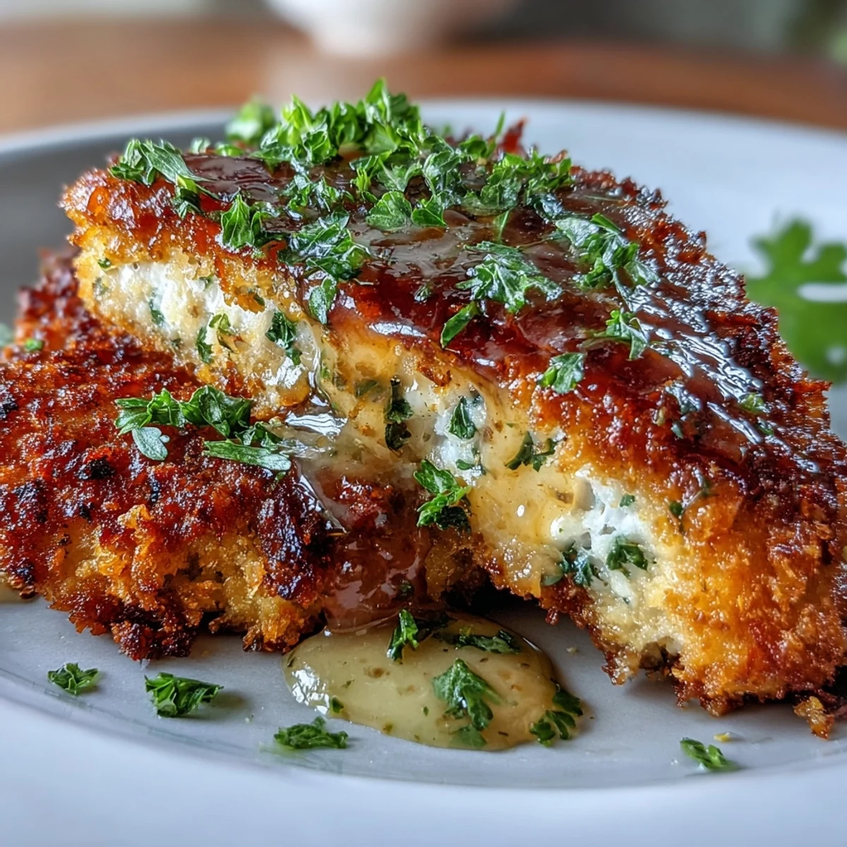 Golden brown chicken breasts coated in parmesan and flour sit in a skillet, with a small bowl of lemon butter sauce ready to spoon over.