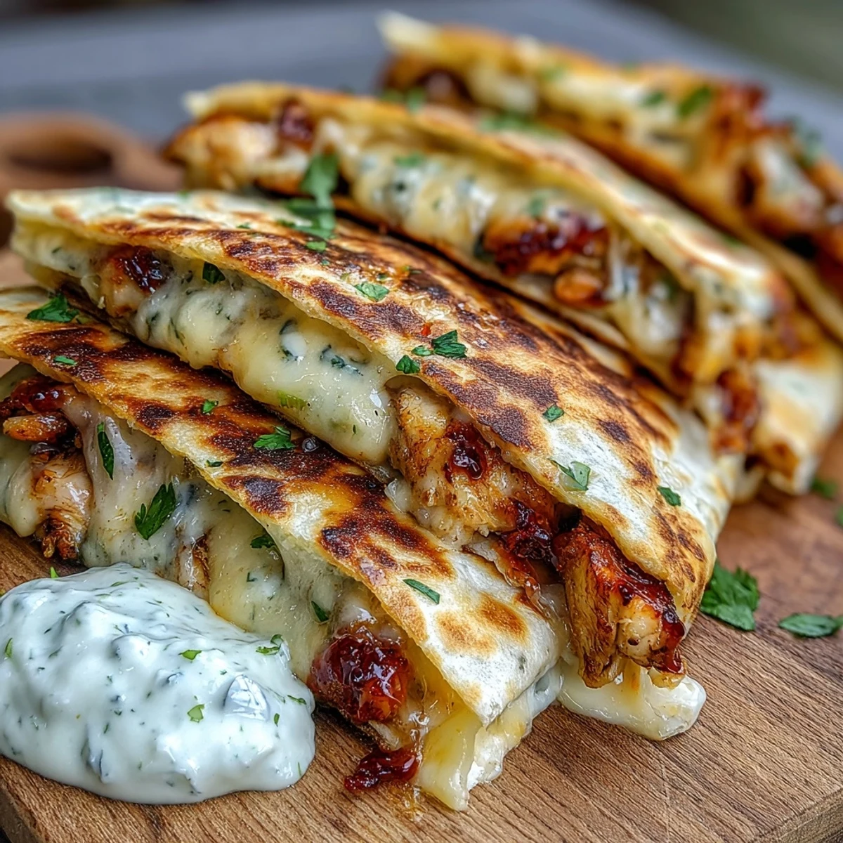 Golden brown Cheesy Hot Honey Chicken Quesadillas oozing melted cheddar and Monterey Jack, served with a jalapeño cream sauce drizzle.