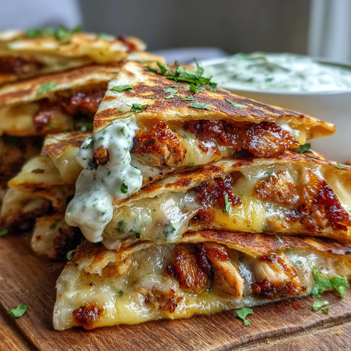 A close-up shows tender chicken and gooey cheese inside these crispy Cheesy Hot Honey Chicken Quesadillas, next to a dipping bowl.