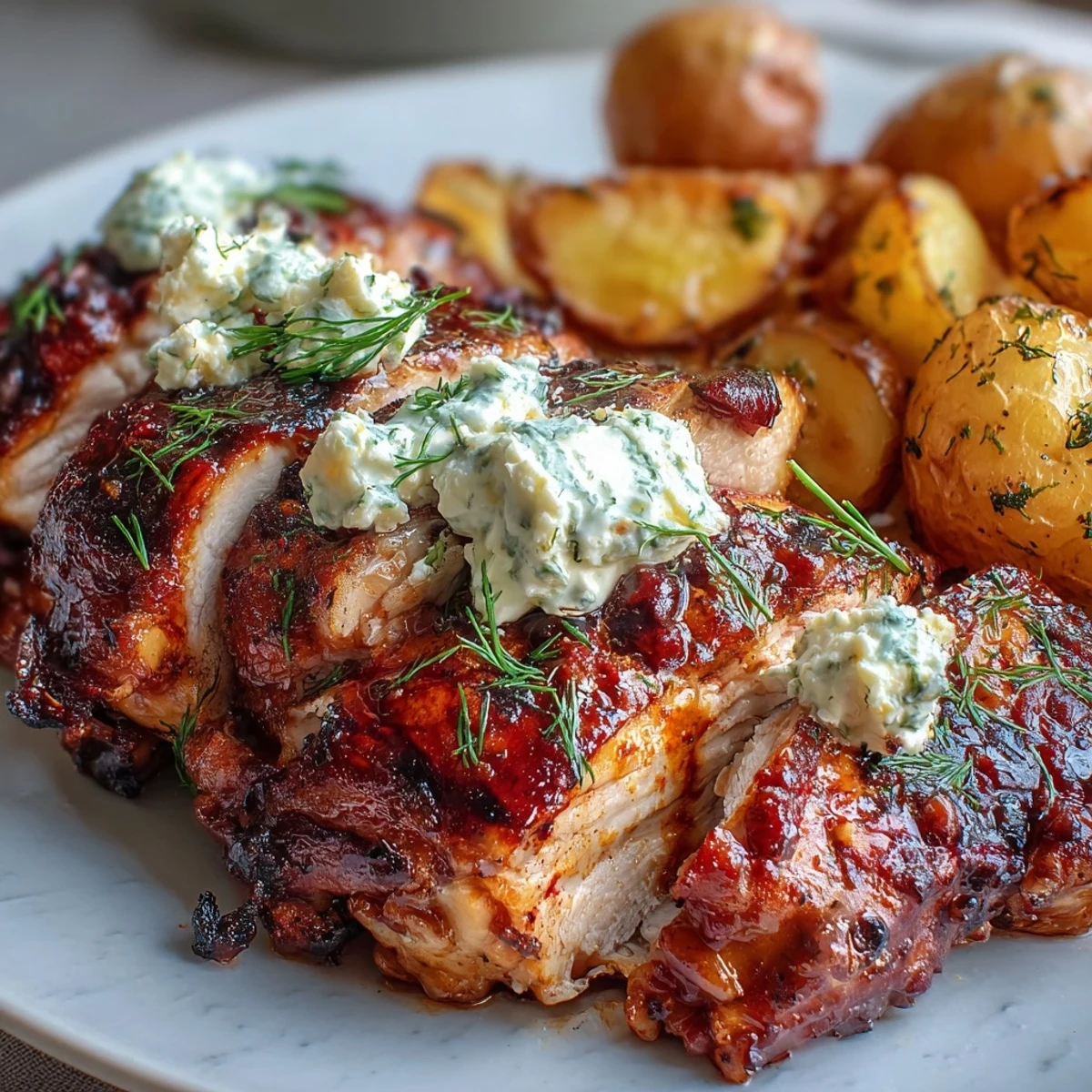 Sizzling spicy yogurt marinated chicken thighs fresh off the grill, topped with creamy dill feta sauce and served alongside crispy golden baby potatoes.