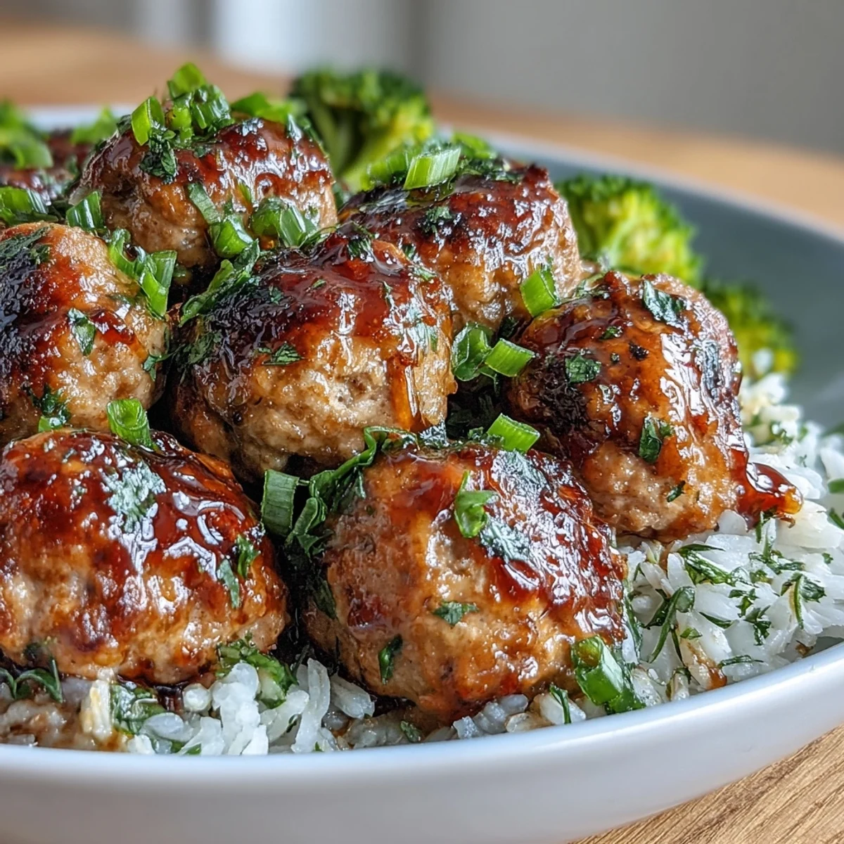 Honey Garlic Turkey Meatball Bowls feature glazed meatballs, fluffy rice, and bright green broccoli florets ready to serve.