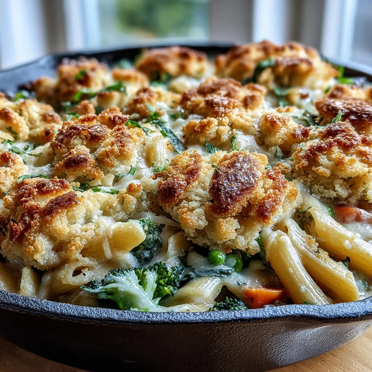 Family-style bowl of Creamy Veggie Pot Pie pasta ready to serve, finished under the broiler for a golden, crunchy topping.