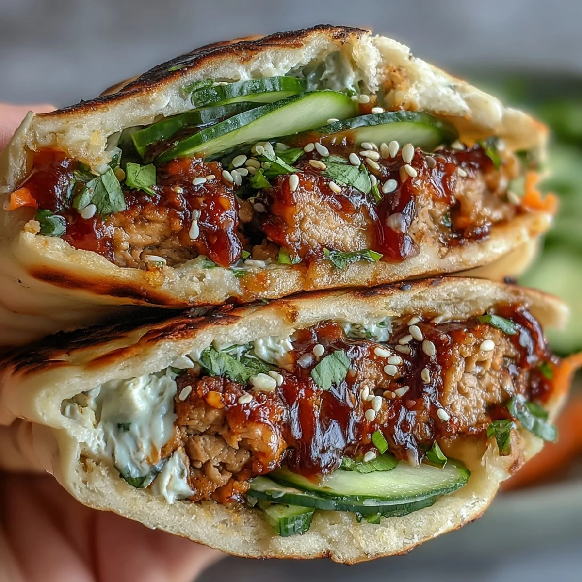 Golden brown naan pockets stuffed with Korean turkey filling, topped with shredded carrots, sesame seeds, and fresh cilantro for a handheld fusion meal.