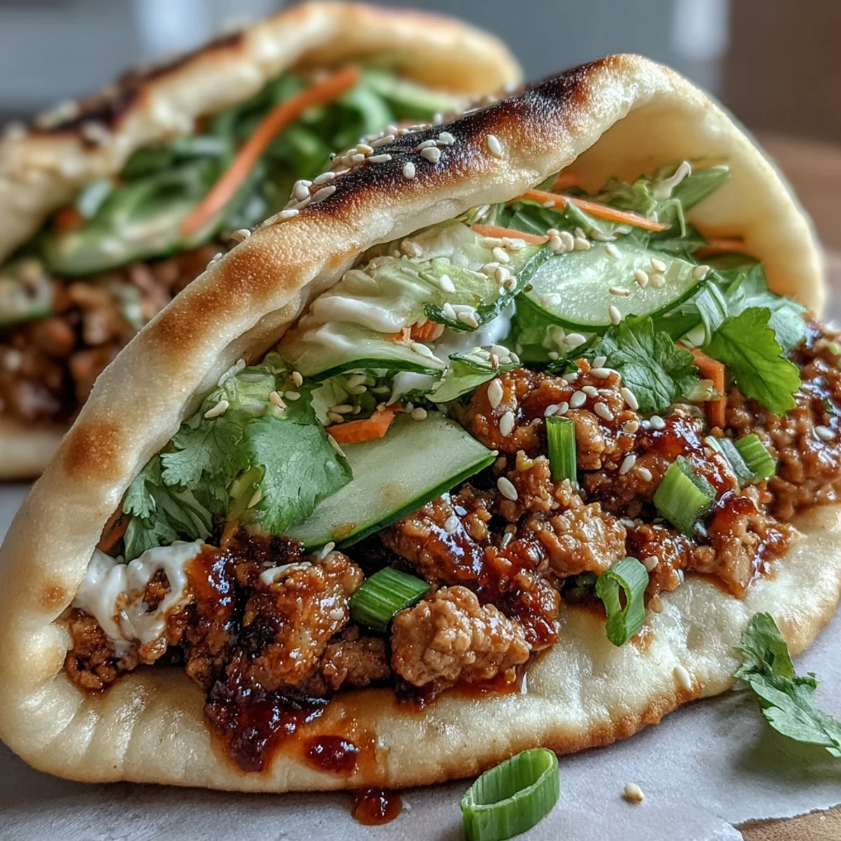 Korean Turkey Stuffed Naan Pockets are filled with savory ground turkey, crisp cucumber slices, and drizzled with spicy gochujang mayo on a plate.