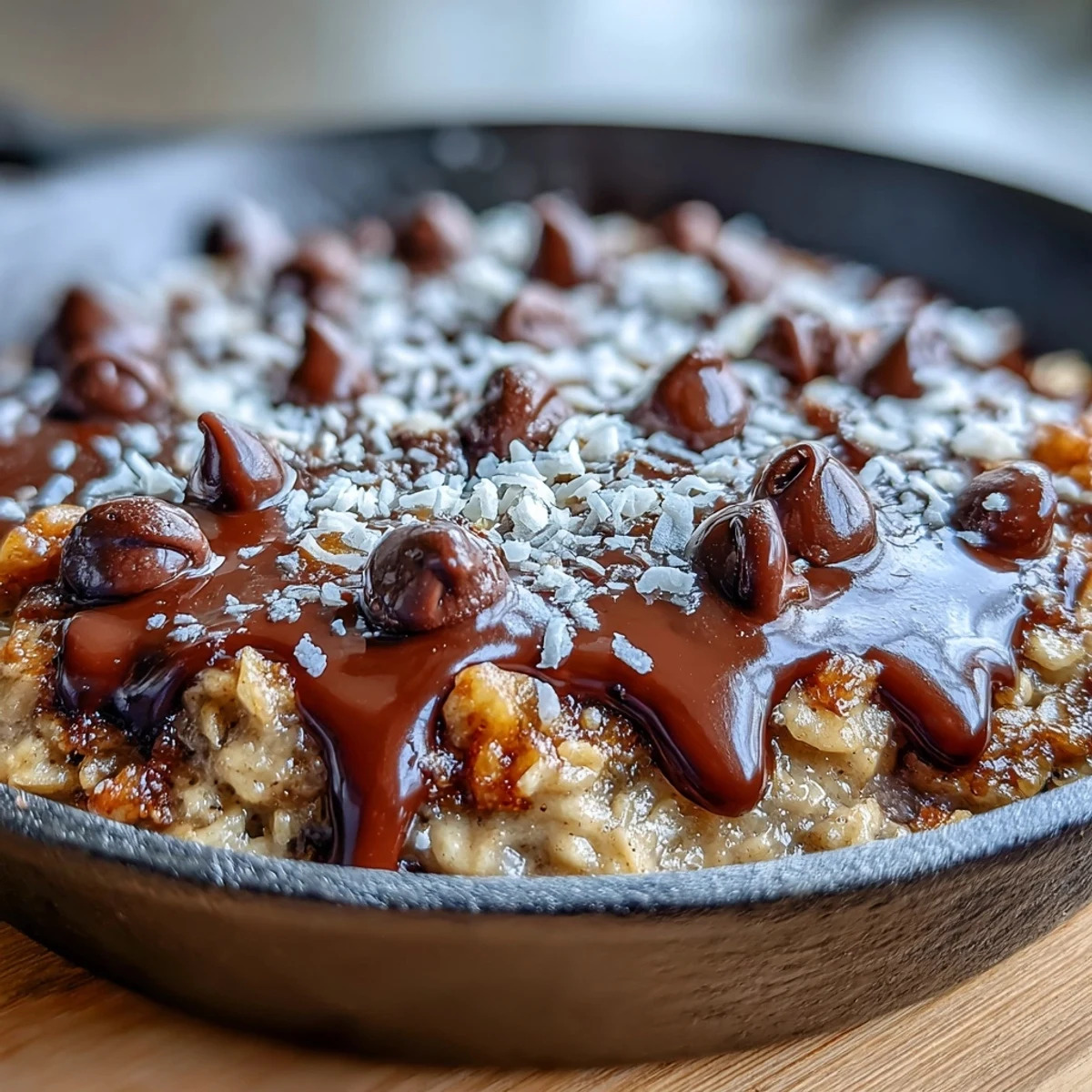 A warm Chunky Monkey Oatmeal Cookie Skillet topped with melting vanilla ice cream and fresh banana slices.