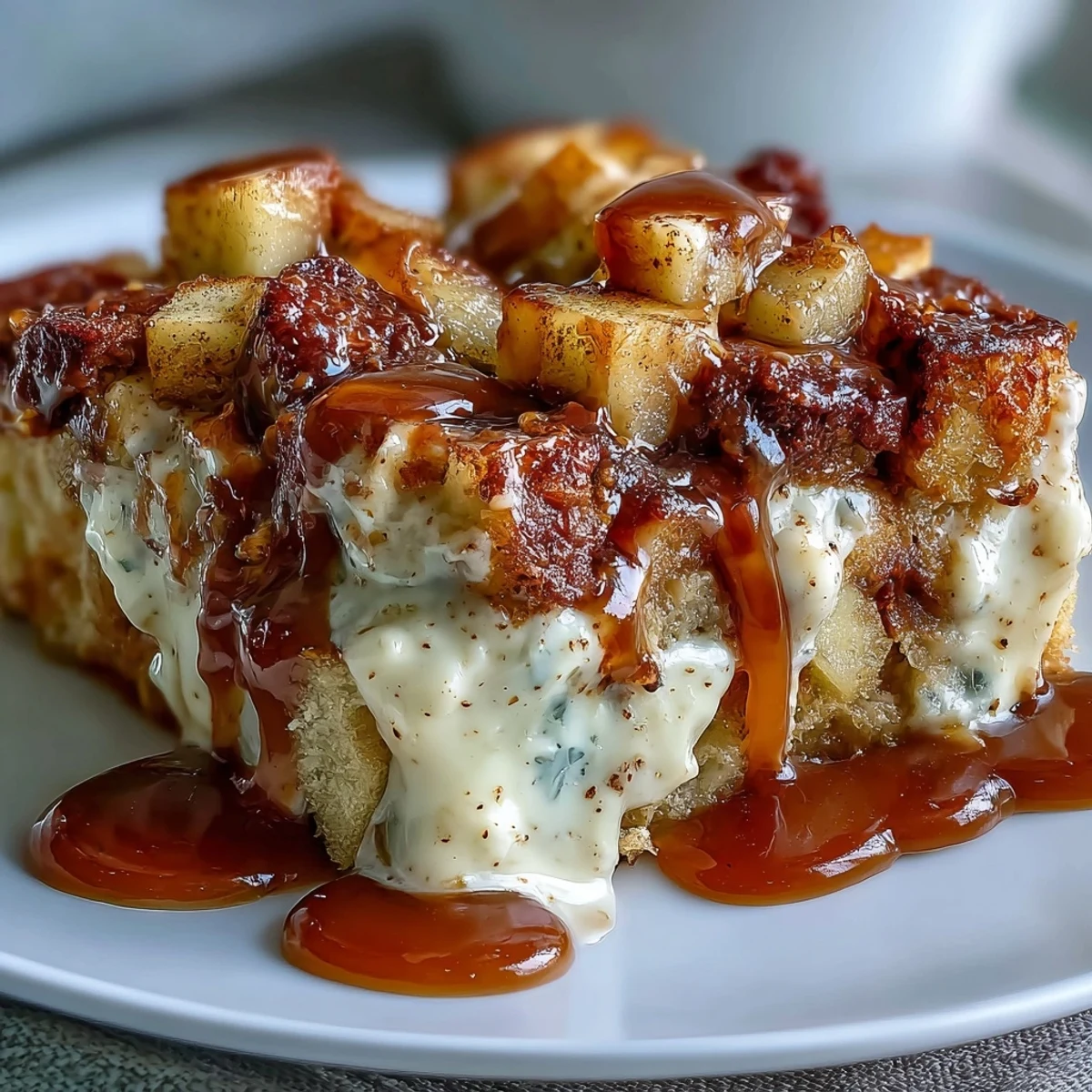 Golden slices of Caramel Apple Cheesecake Bread Pudding are served warm with a generous drizzle of caramel sauce.