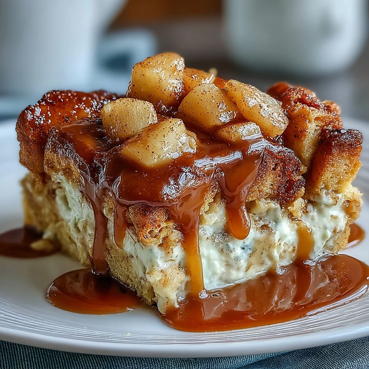 A fork breaks into a square of Caramel Apple Cheesecake Bread Pudding revealing tender apples and creamy layers.