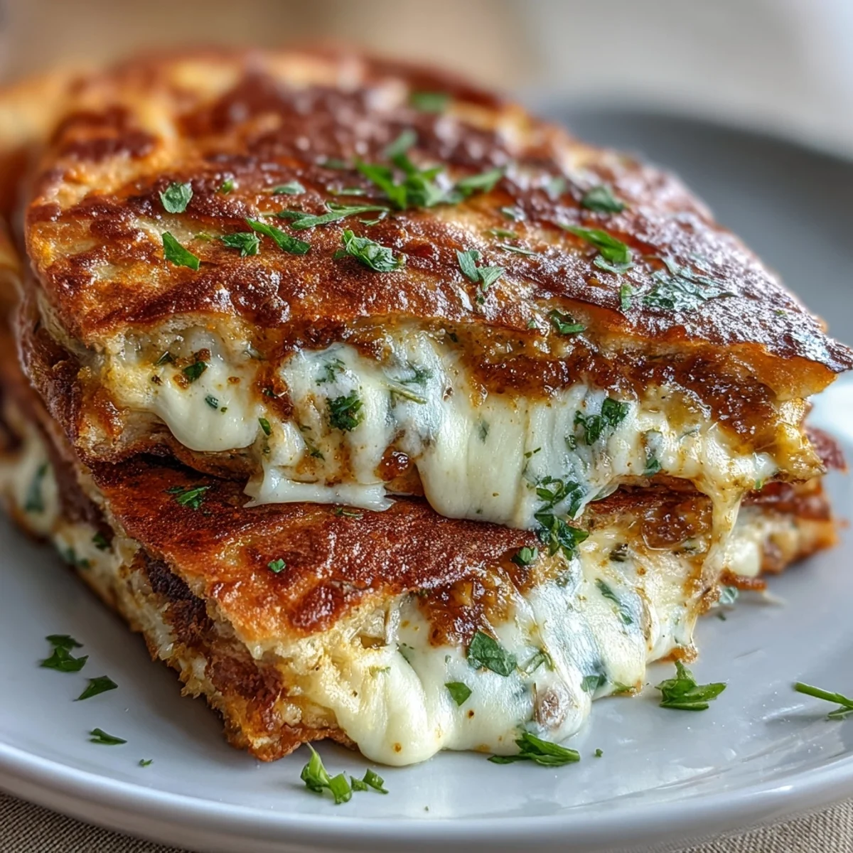 Golden-brown Butter Garlic Naan Grilled Cheese oozing melted mozzarella and fresh herbs on a plate.