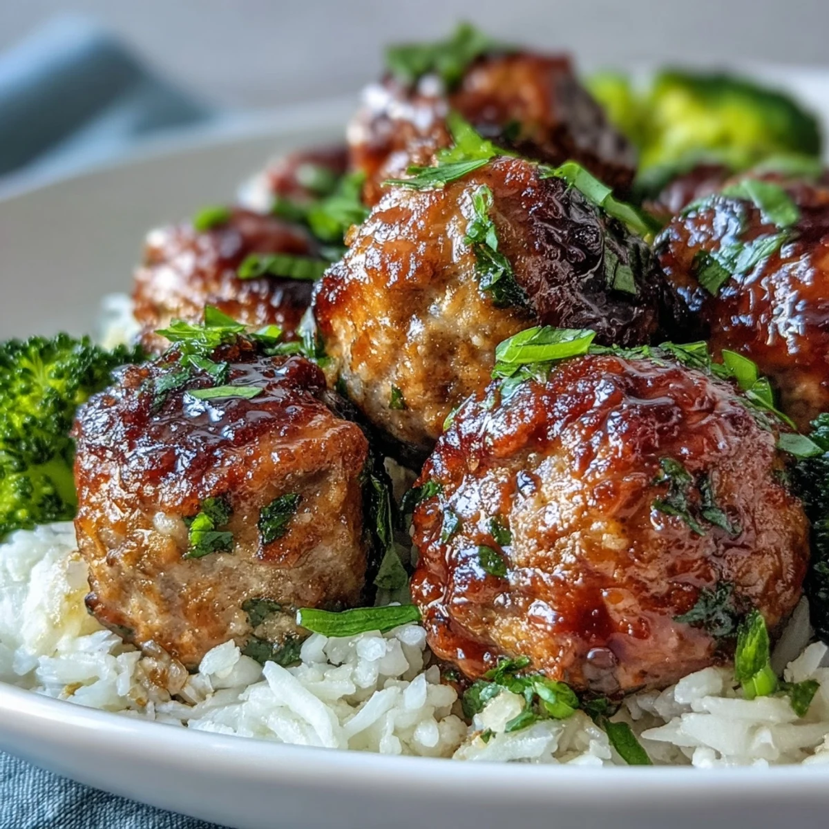 Honey Garlic Turkey Meatball Bowls with glossy glazed meatballs, fluffy rice, and bright green broccoli florets.