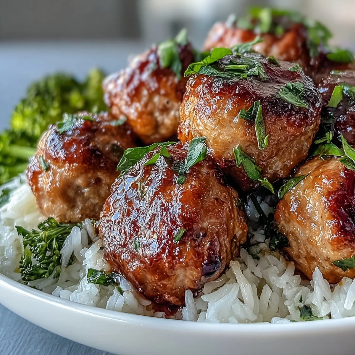 Spoon tender Honey Garlic Turkey Meatballs over jasmine rice and broccoli, drizzled with extra glaze.