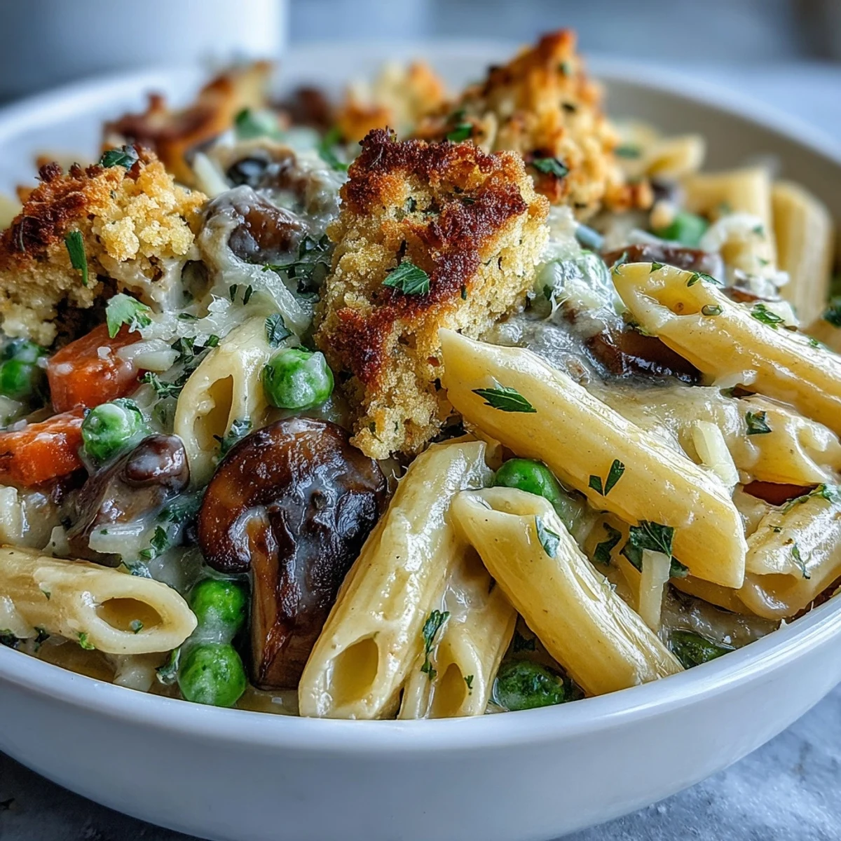 Golden-brown biscuit crumbs top a bubbling pot of Creamy Veggie Pot Pie Pasta filled with peas, corn, and carrots.