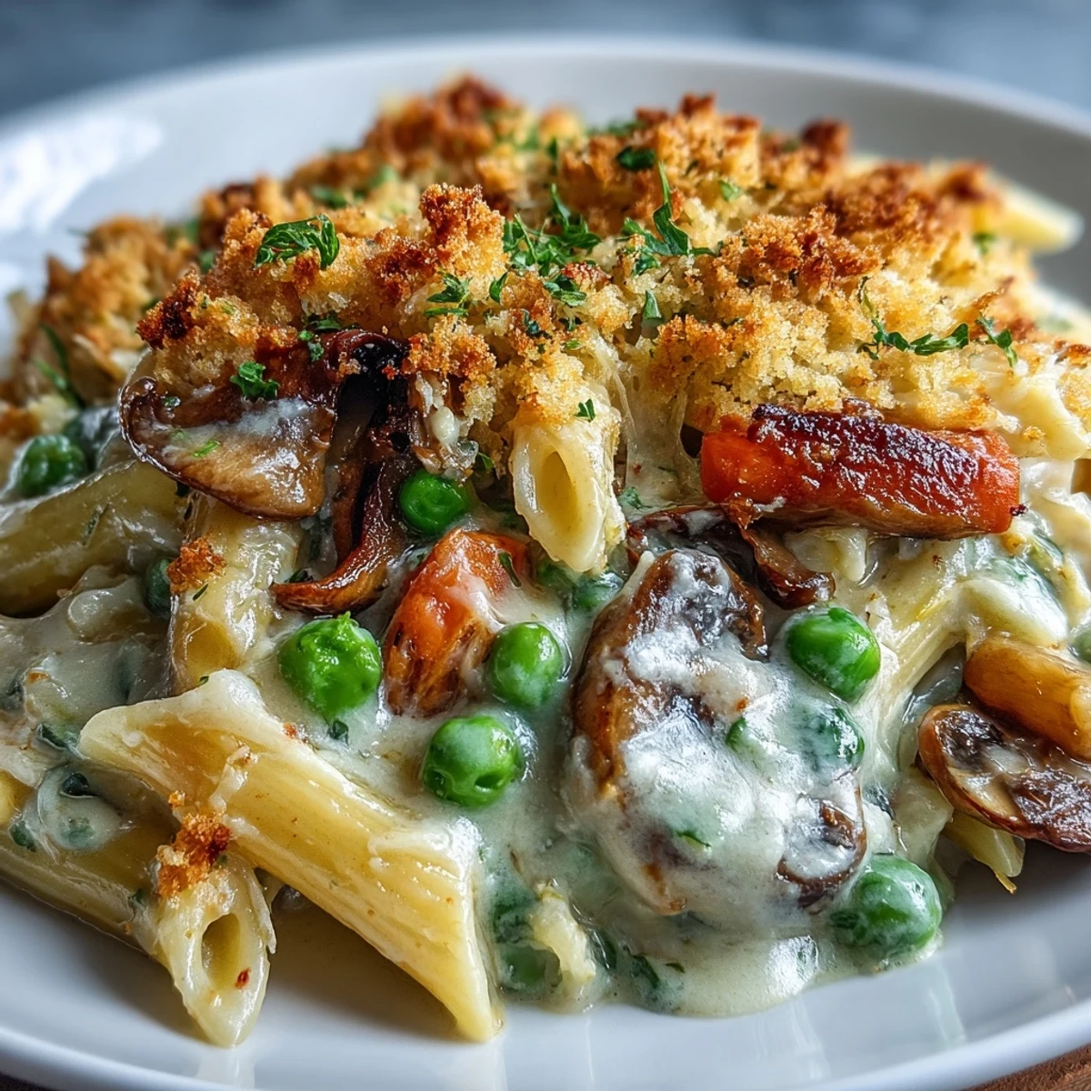 Steaming Creamy Veggie Pot Pie Pasta served in a rustic dish, ready to enjoy with a fresh green salad.